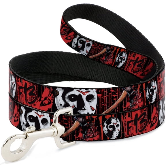 Horror Movies Pet Leash, Dog Leash, Friday the 13th Jason Mask Axe Blood Splatter Black Red, 4 Feet Long 0.5 Inch Wide