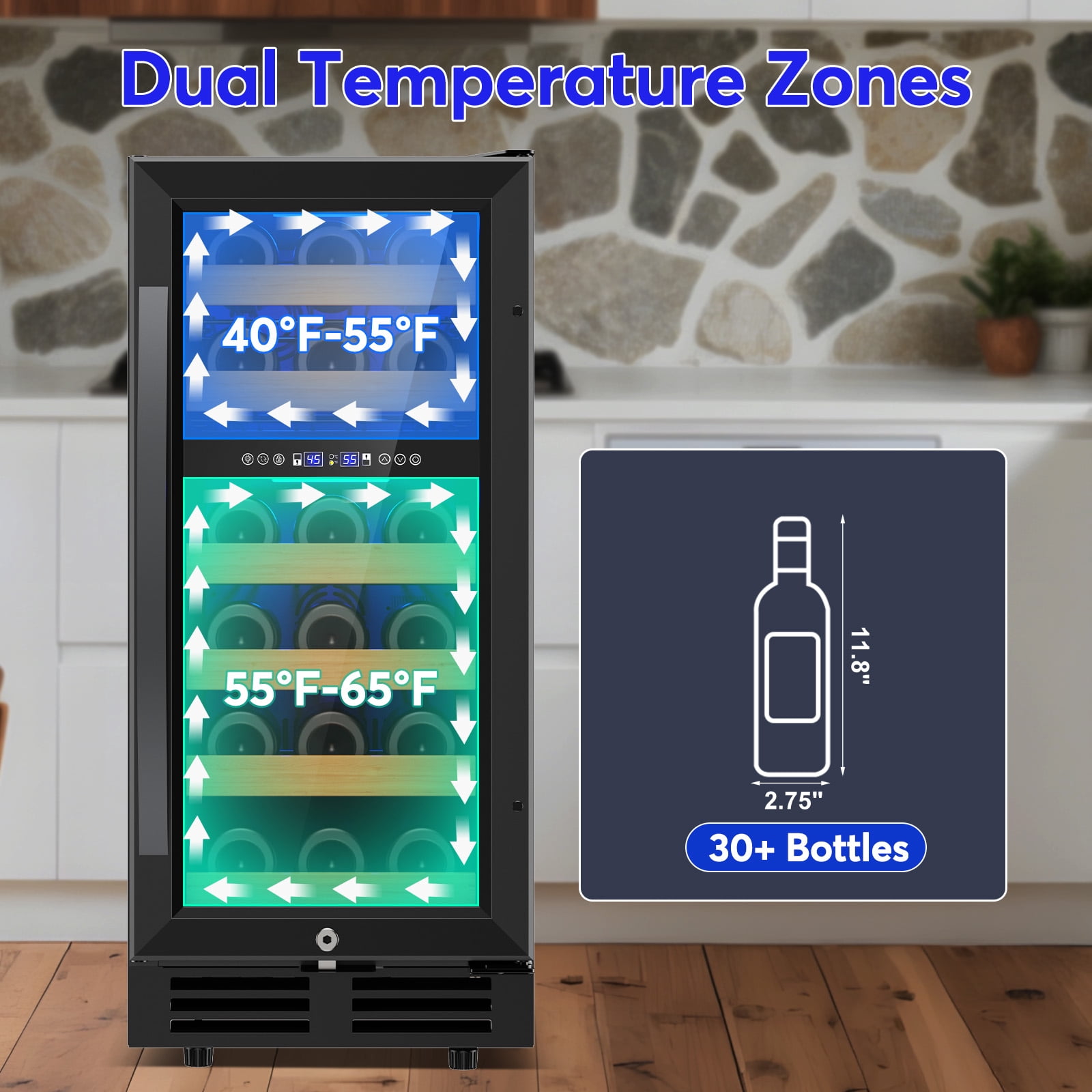TITTLA 15 Inch Wine Refrigerator,Under Counter 30 Bottle Wine Cooler,Dual Zone Fast Cooling, Low Noise,Black