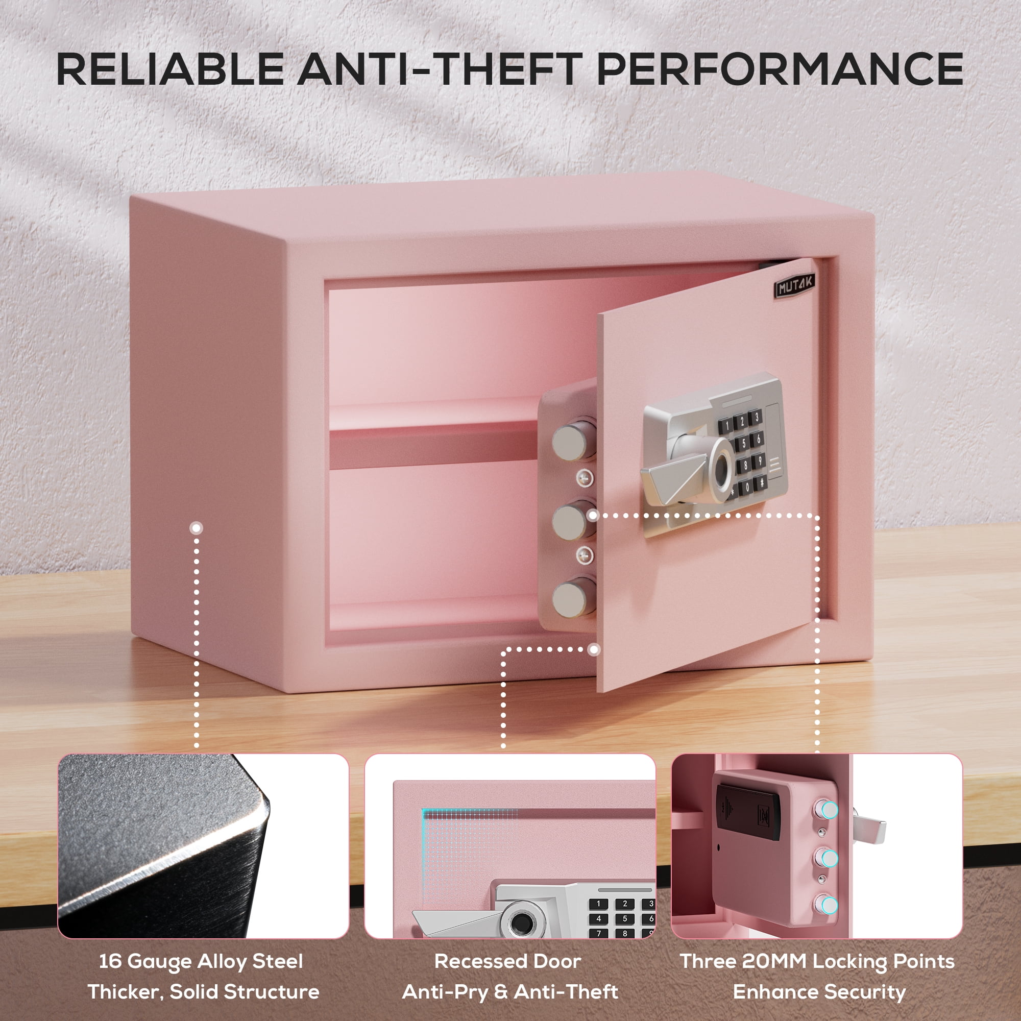 Safe Box,MUTAK 1.0 Cuft Biometric Safe Lock Box with Fingerprint,Code and Keys Access, Heavy Duty Security Money Safe Lock Cabinet with Fireproof Document Bag, Pink