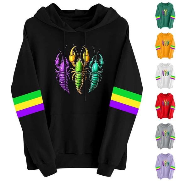Felirenzacia Women's Carnival Hooded Sweatshirt, Mardi Gras Crewneck Long Sleeve Party Pullover Tops, S-3XL