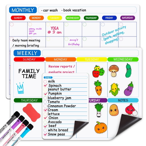 Kiditos Magnetic Calendar for Refrigerator, Dry Erase Whiteboard Set, Monthly, Weekly & Daily Planner with Clear Fridge Checklist, 10 Decorative Magnets, 4 Color Markers, Kitchen & Apartment Decor