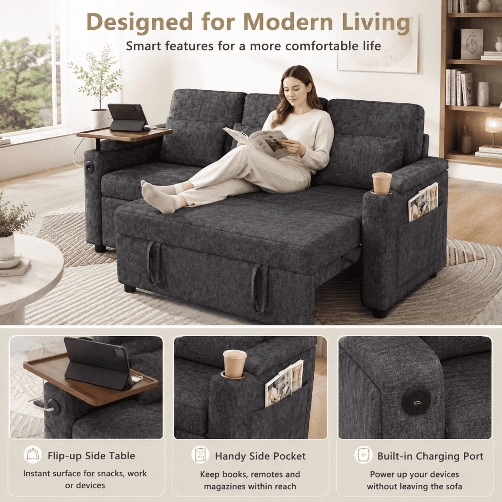 3-in-1 Convertible Sofa Bed, 3-Seater Chenille Couch with Adjustable Backrest, USB Charging Ports, Table Board and Storage Armrests, 81'' Foldable Sleeper Sofa for Living Room