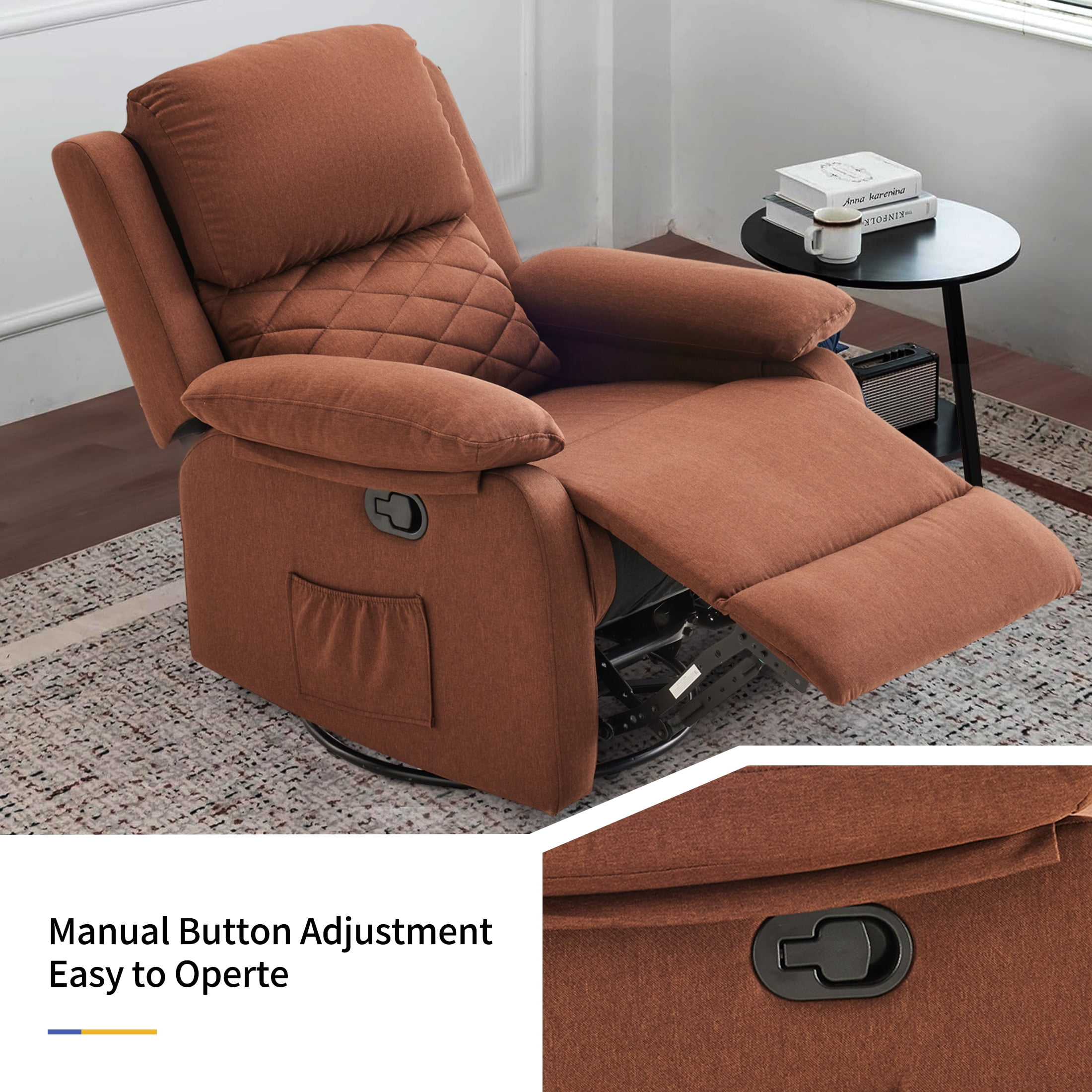 YOUDENOVA 360° Swivel Rocker Recliner Chair for Small Spaces for Living Room,Upholstered Linen Fabric Glider Nursery Chair with Side Pockets,Brown