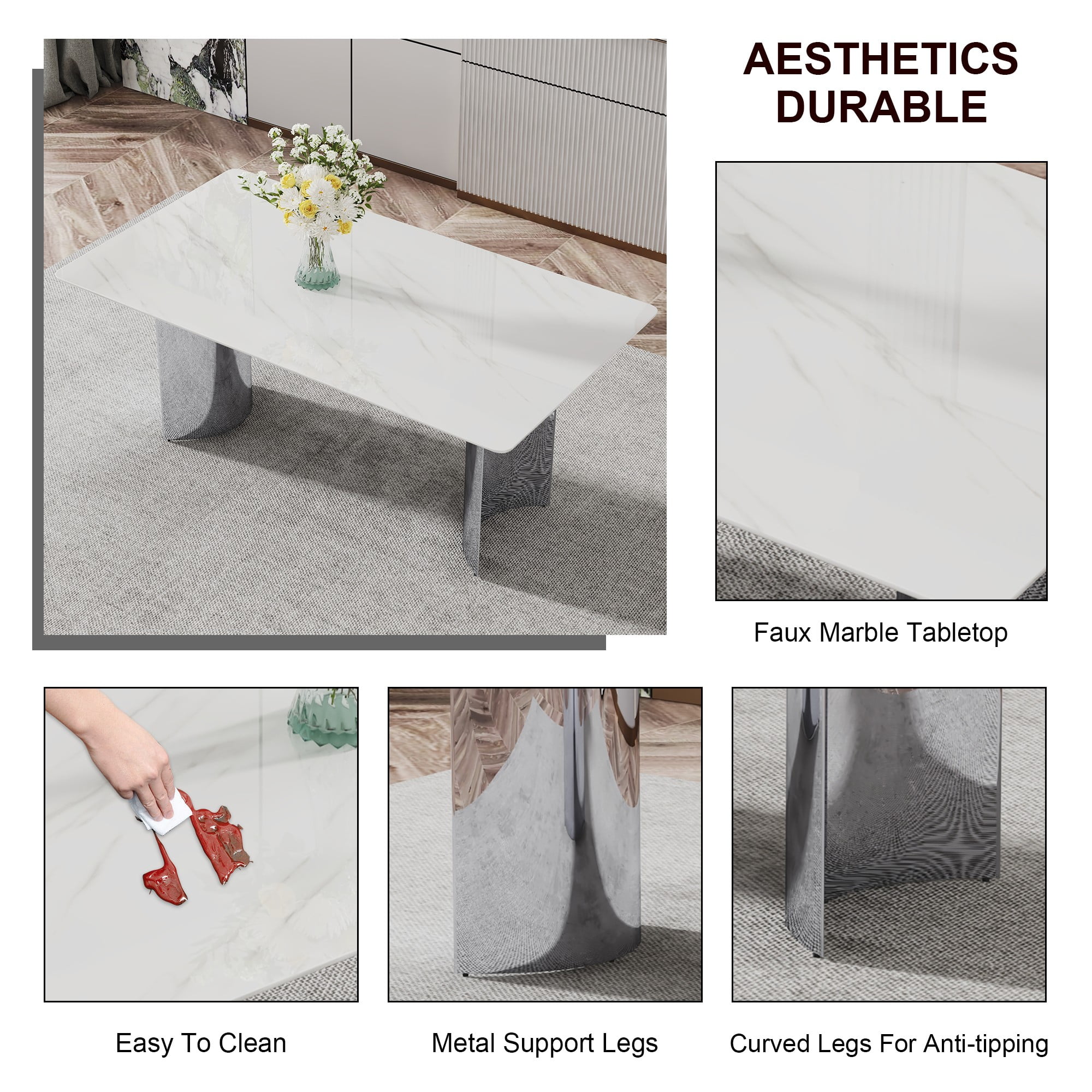 TesNus 71" Rectangle Dining Table, White Faux Marble Top with Silver Base, Modern Long Table for Kitchen and Dining Room