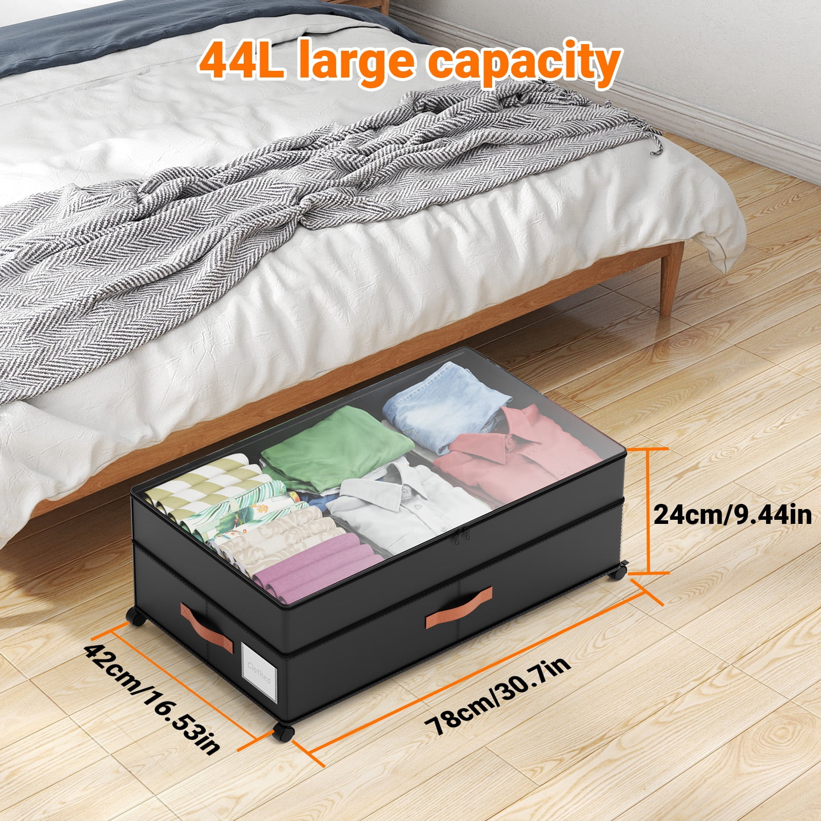 LIZEVINC 2-Pack Large Under Bed Storage with Wheels and Lids – Adjustable Height Rolling Storage Bins with Dividers, Space-Saving Underbed Organizer for Clothes, Shoes, Blankets（Black）