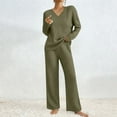 thumbnail image 2 of Women’s Ribbed Knit Two Piece Lounge Set Long Sleeve V Neck Pullover Sweater Top and Wide Leg Pants Soft Comfy Matching Pajama Outfit for Fall and Winter Nights, 2 of 9
