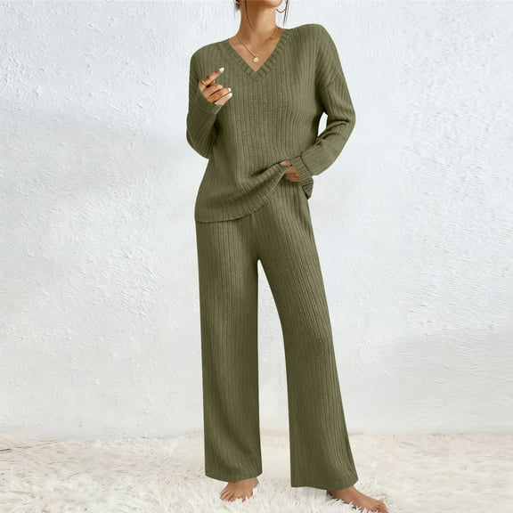 Mifsaly Fall Lounge Sets for Women Knit Ribbed Lounge Set 2 Piece V-Neck Pullover Tops Sweater Soft Cozy Wide Leg Pants Loose Homewear Home Travel Work Matching Outfits 2025