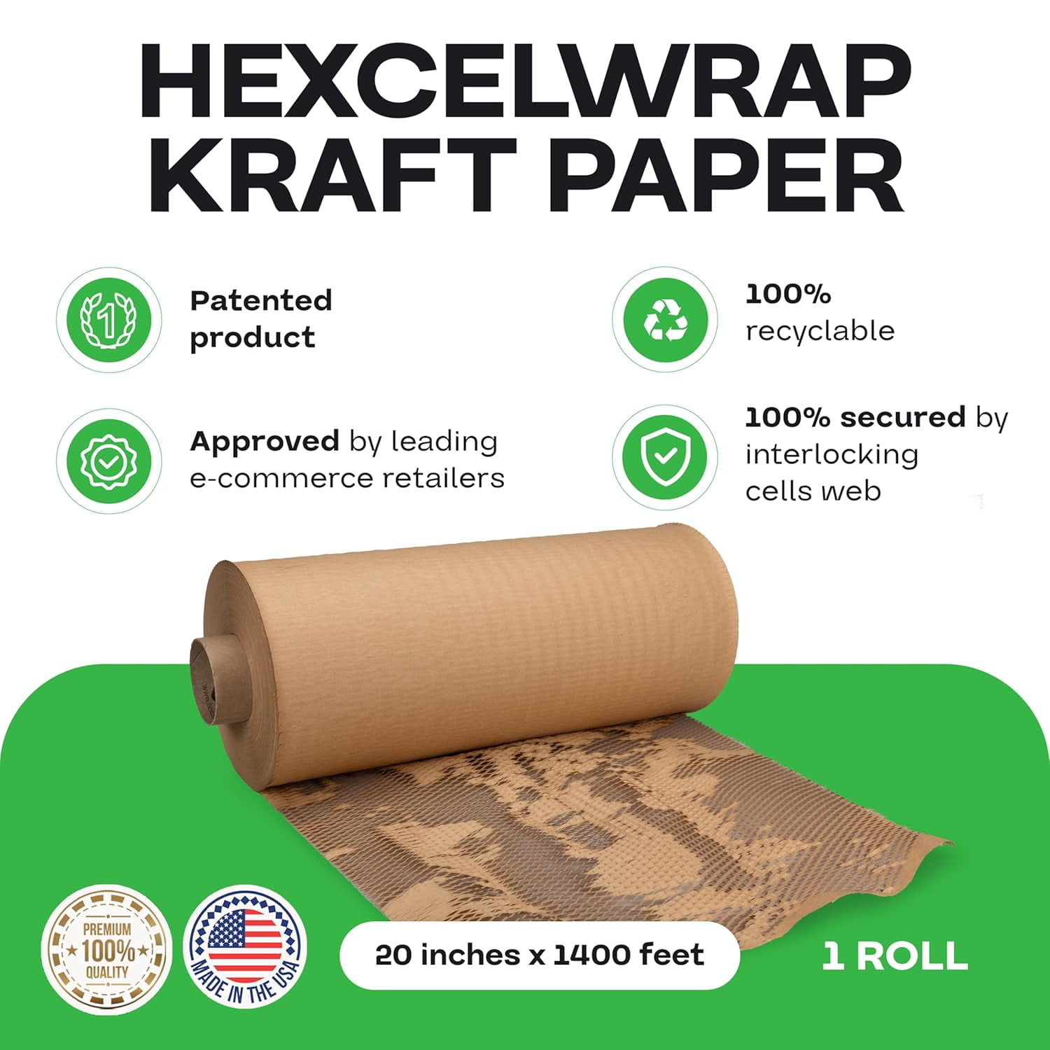 IDL Packaging 20" x 1400' Honeycomb Kraft Packing Paper Roll – Eco-Friendly USA-Made Wrap for Shipping, Moving & Storage