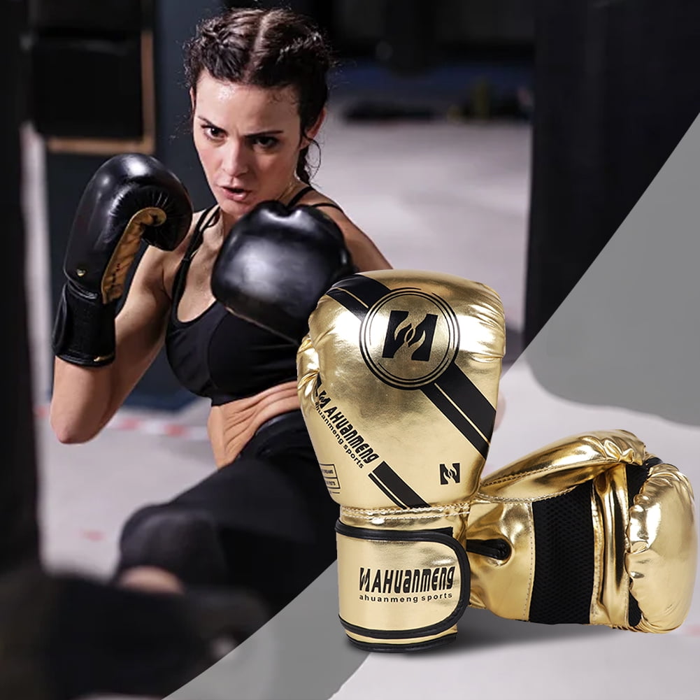 Muay Thai Competition Gloves PU Leather Adjustable  Professional MMA Kickboxing Boxing Gloves Breathable Comfortable Fighting Taekwondo Mitts for Adults(Gold)