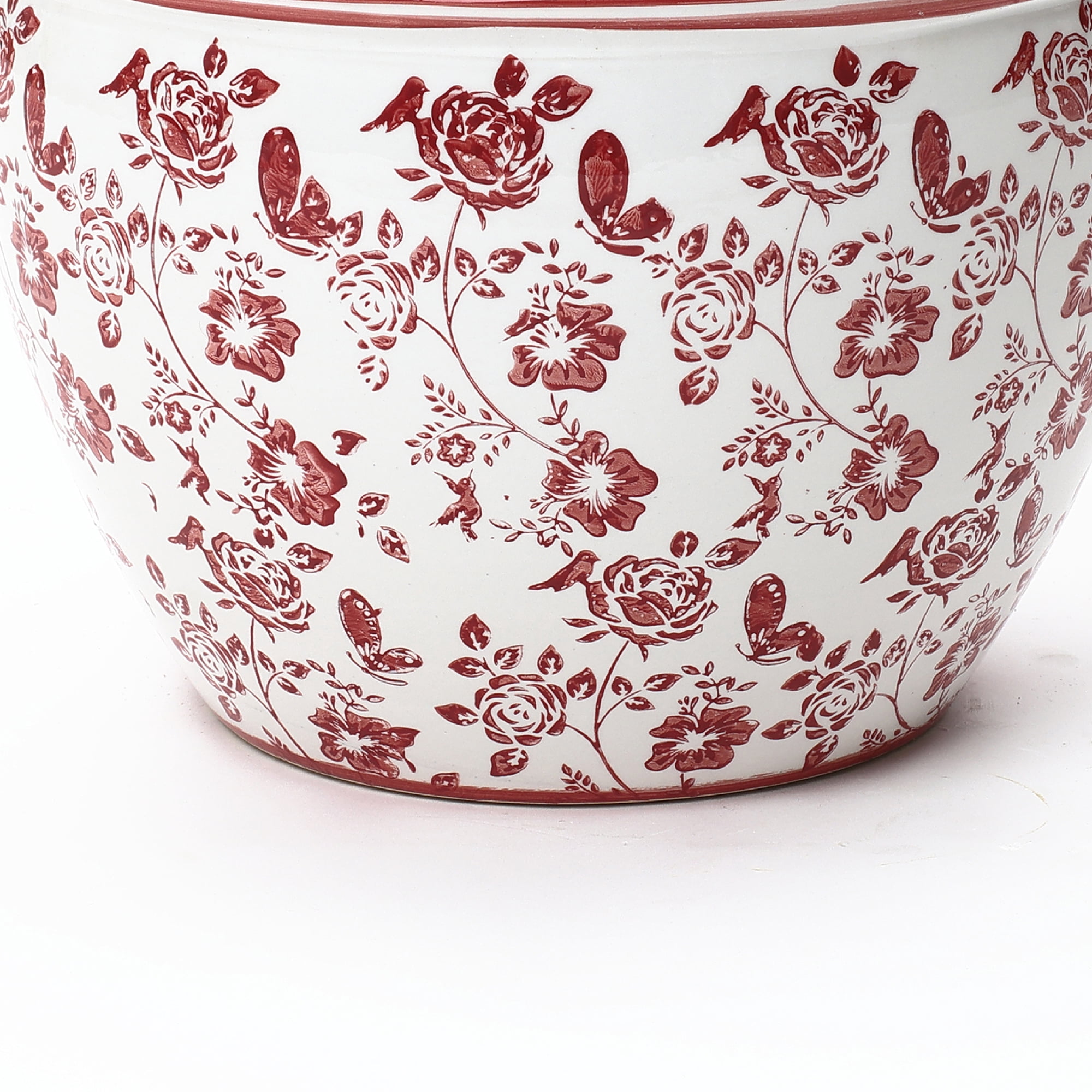LuxenHome 11.5" Dia Red and White Round Planter Pot, Large Ceramic Flower Pot with Drainage