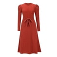 thumbnail image 3 of Women'S Long Sleeve Crewneck Tie Waist A-Line Swing Casual Bodycon Ribbed Knit Fall Sweater Dress Red S, 3 of 9