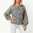 thumbnail image 2 of Unir Women Relaxed Crew Neck Floral Print Gathered Waist Batwing Long Sleeve Washed Denim Jacket Elastic Casual Daily Boho Layering Outer Coat 1PC S-XL, 2 of 6