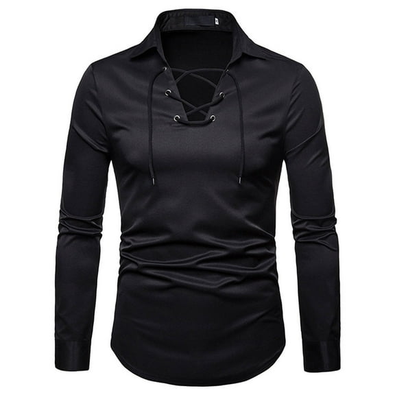 Fesfesfes Long Sleeve Shirt Men Lace Slim Fit Solid Long Sleeve Turndown Pullover Shirts Tops Blouse