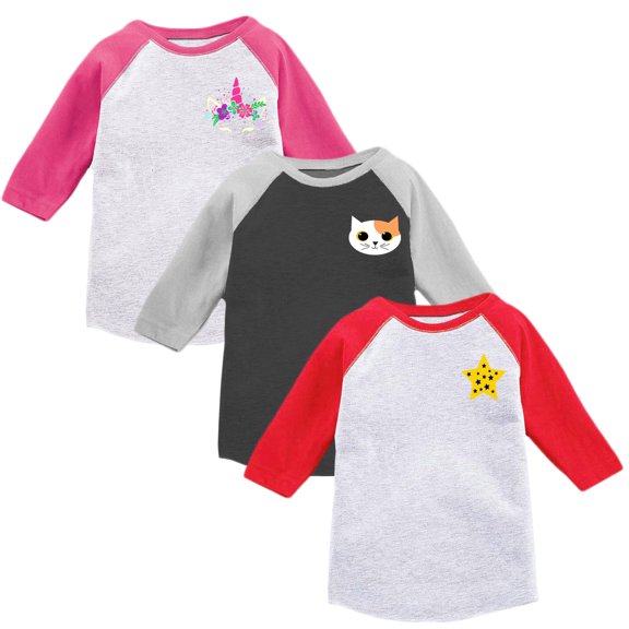 Toddler Girls Raglan Baseball Shirt Raglan Shirt Kids Girls Baseball Tee 2T Clothes 3T Outfits 4T T shirts 5T Shirts Unicorn Cat Star - Pack of 3