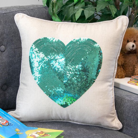 Ivory Park Teal Sequin Heart Decorative Throw Cushion