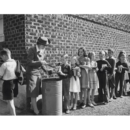 Girls Grease - Boys and girls collect fats and greases then turn it over to school authorities circa 1942 Poster Print by Stocktrek Images