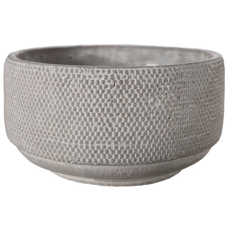 Cement Low Wide Round Pot with Embossed Abstract Pattern Design Body and Tapered Bottom Washed Finish - Gray