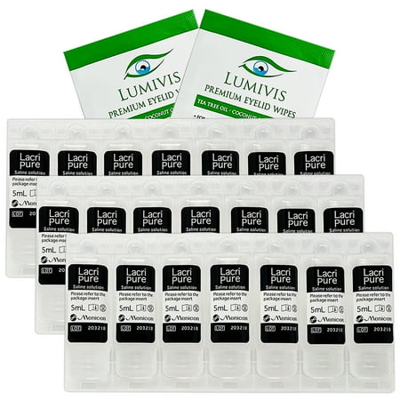 Menicon LacriPure Rinsing & Insertion Saline 21 Vials for Rigid Gas Permeable Contact Lenses - Bundle with 2X Tea Tree Oil Eyelid Eyelash Wipes