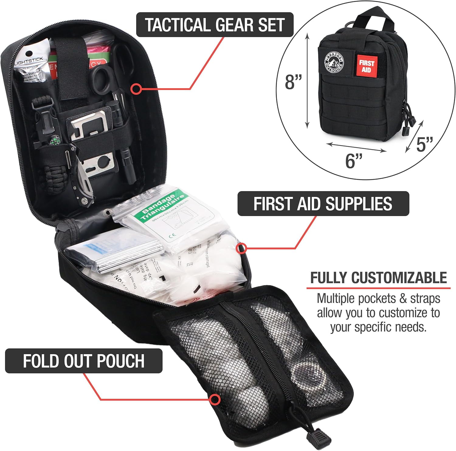 The Brazos First Aid Survival Kit, 250 Pieces, Hiking & Camping Essentials, Survival Gear and First Aid Combo for Emergency Preparedness, Lightweight, Portable, Tactical Clips & Closures, Black