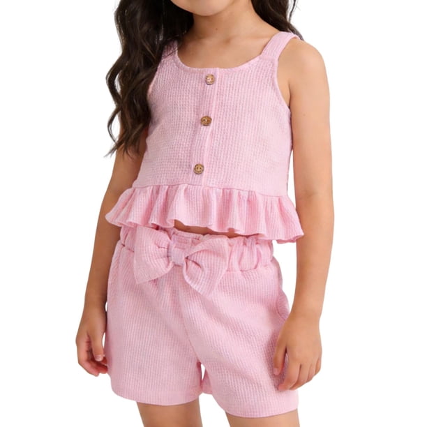 Conjunto de Mesa Redonda Niñas de Moda Casual Manga Corta Cuello Redondo Botón Pantalones Cortos Impresos Conjuntos para Viajes Diarios Casa Conjunto de Pantalones para Niñas de Vacaciones