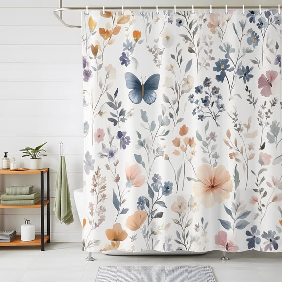 Watercolor Wildflowers Shower Curtains for Bathroom, Spring Pastoral Botanical Flowers Waterproof Fabric Shower Curtain, Decorative Bathroom Curtain for Bathtub, 72"x72" , No Hooks Included