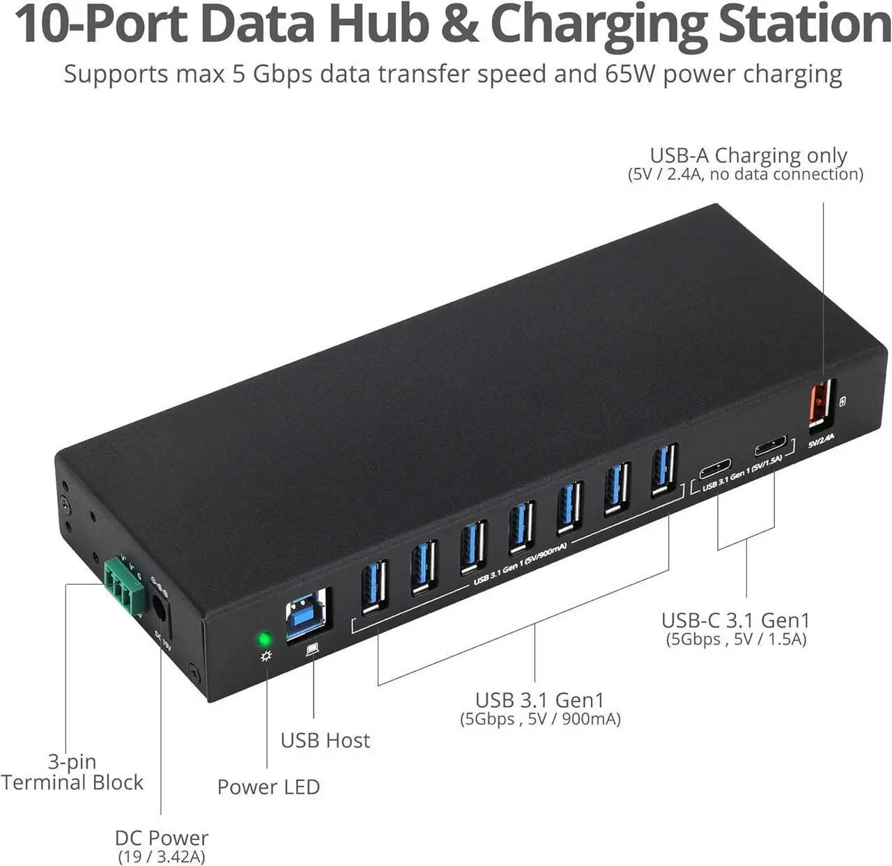 Industrial Powered USB C & USB 3.1 Hub, Splitter, 10 Port, Powered Multiport Hub Expander for Desktop, Laptop, Tablets, Cellphone, External HD, Keyboard and Mouse