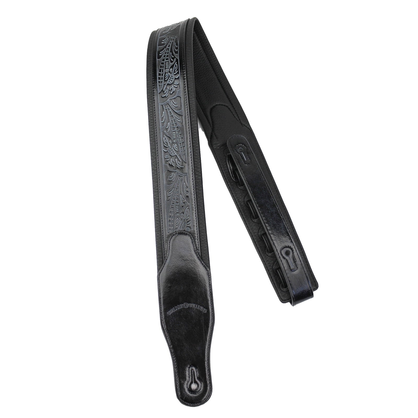 Walker & Williams G-118 Black on Black Padded Guitar Strap with Embossed Tooling & Padded Glove Leather Back