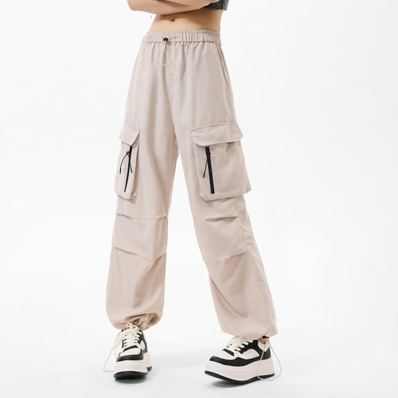 ClodeEU Women's Lightweight Cargo Pants, Wide Leg Drawstring Elastic Waist Loose Fit Pants Khaki,Womens Plus M