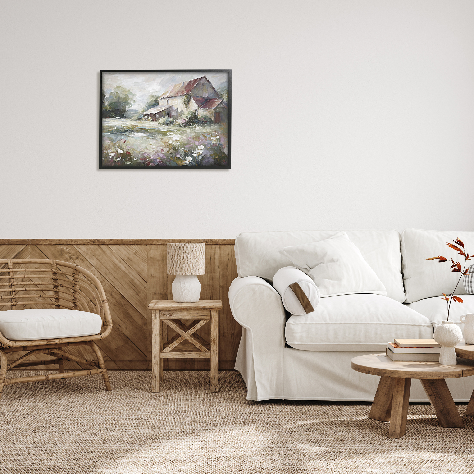 Stupell Industries Muted Cottage Meadow Landscape Painting Black Framed Art Print Wall Art, 30 x 24