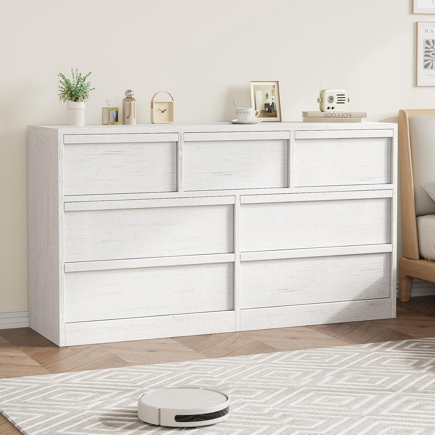 7 Drawer Dresser for Bedroom, Antique White 7 Chest of Drawers with Large Storage Space, Wooden Dresser Organizer for Living Room, Nursery, Entryway
