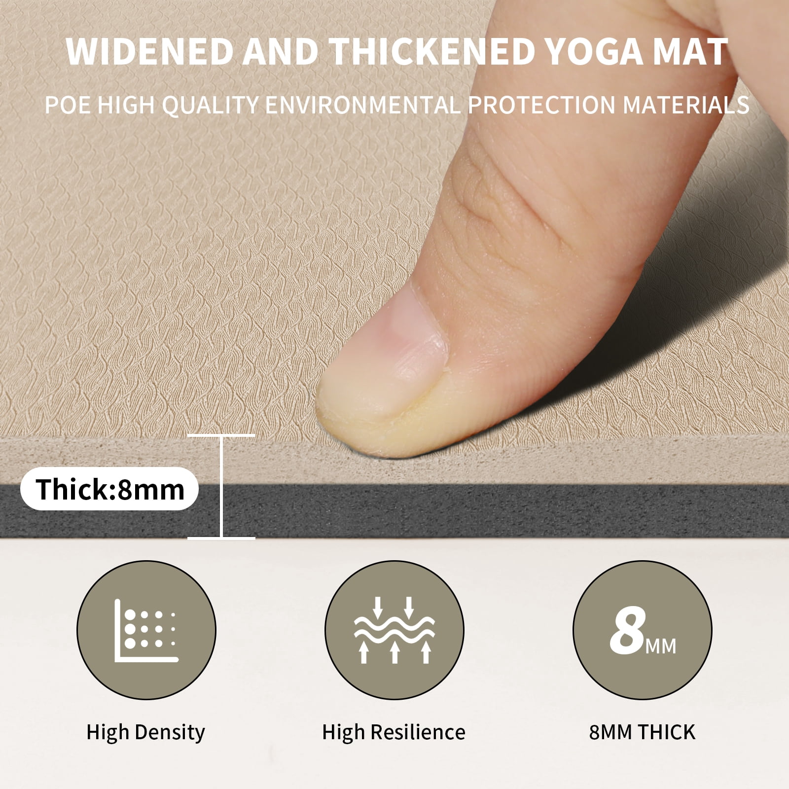 8mm Large Yoga Mat (6'x 4') with Soft Fabric - Extra Long and Wide 72 x 48 x 0.32 inches, Non-Slip Surface, Eco-Friendly, Lightweight, Thick Wide Yoga Mat for Home Workouts.(Beige+Black)