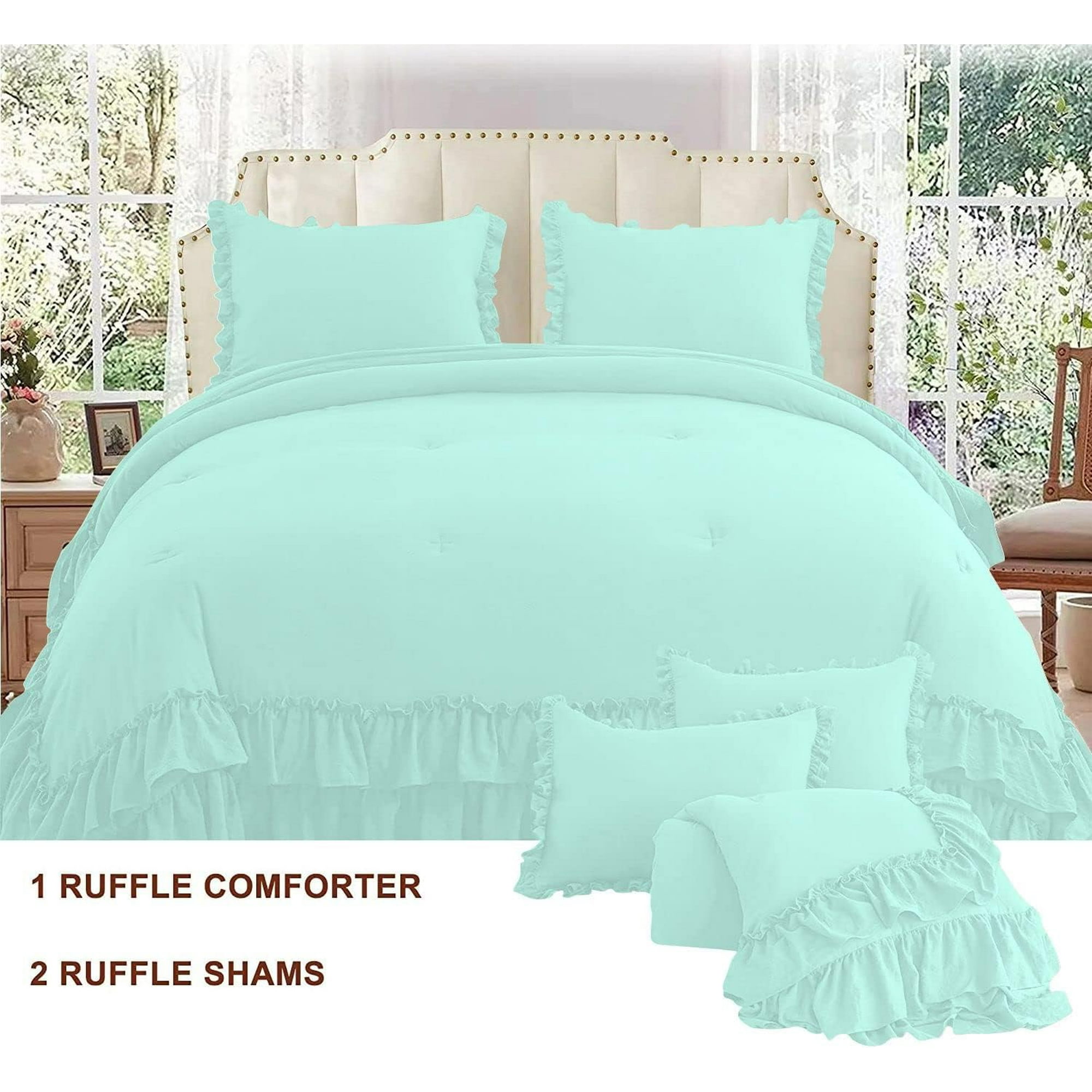 5 Piece Luxury 5 Inch Two Layer Ruffle Comforter 550 GSM All Season (Oversized King Size) Premium Super Soft - 800 TC, 100% Egyptian Cotton- Solid Auqa Blue Colour