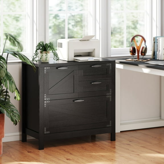 HOMCOM 4 Drawer File Cabinet, Farmhouse Lateral Filing Cabinet with Adjustable Hanging Rails for Letter/A4/Legal Size Files, Printer Stand, Black