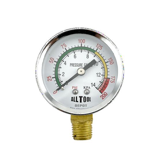 2" Air Pressure Gauge Lower Side Mount 1/4" NPT 2" Dial - 0 to 200 PSI (Color Coded)