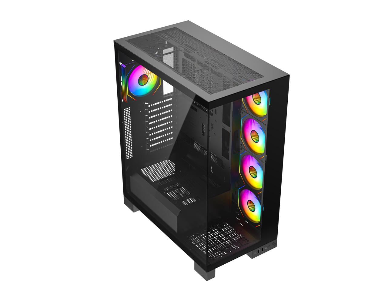 DIYPC  Vanguard-F2-Pro Black Dual USB3.0 and Type C Tempered Glass ATX Full Tower Gaming Computer Case w/ 5 x 120mm ARGB PWM Fans (4 x MB Side, 1 x Rear) Pre-Installed. Support BTF Back Plug MB.