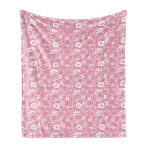 Rose Soft Flannel Fleece Throw Blanket, Abstract Romantic Pattern with Flowers Bloom, Cozy Plush for Indoor and Outdoor Use, 70" x 90", Pink Purple, by Ambesonne