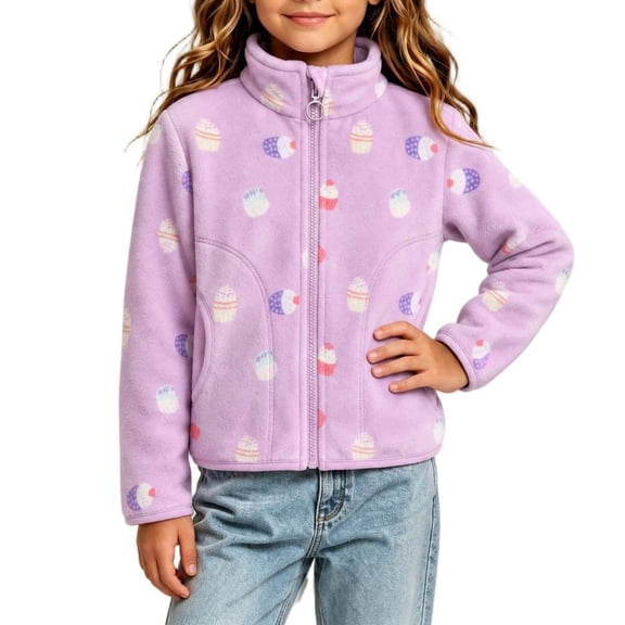Nugftut Girls Fleece Jacket Warm Stand Collar Jacket Zip-up Lightweight Long Sleeve Coat for Kids Size 5-6