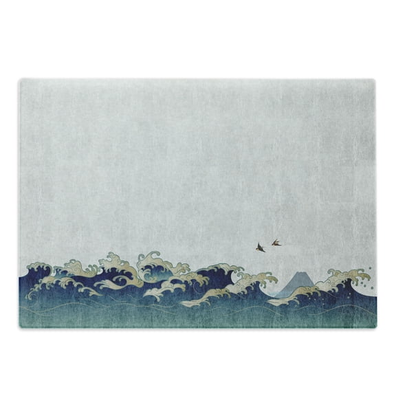 Japanese Wave Cutting Board, Aquatic Swirls Birds of Ocean Ukiyo-e Style Art Greyscale Background, Decorative Tempered Glass Cutting and Serving Board, Large Size, Grey Blue Cream, by Ambesonne