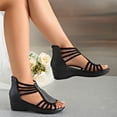 thumbnail image 5 of Avrnliq Womens Rhinestone Embellished Gladiator Sandals, Strappy Wedge Open Toe Sandals with Side Zipper, Comfortable PU Faux Leather Black Dressy Casual Sandals for Summer,Size 40, 5 of 7