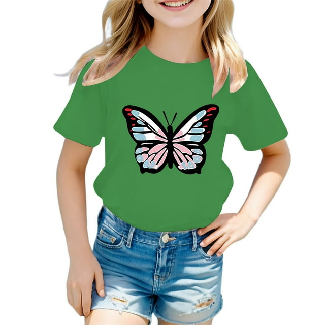 LUOGENLI T-Shirt pour Filles Enfants Filles Mignon Imprimé Graphique Col Rond Manches Courtes Tee Été Décontracté T-Shirt Maxi Hauts Ensembles Filles Tenue 2 Pcs Été Vert 5-6 Ans