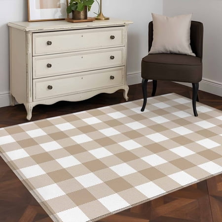 3x5 Washable Area Rug Pastoral Style Non-Slip Rectangle Rug for Living Room Bedroom Khaki Lattice Indoor Low Pile Floor Mat for Home Decor