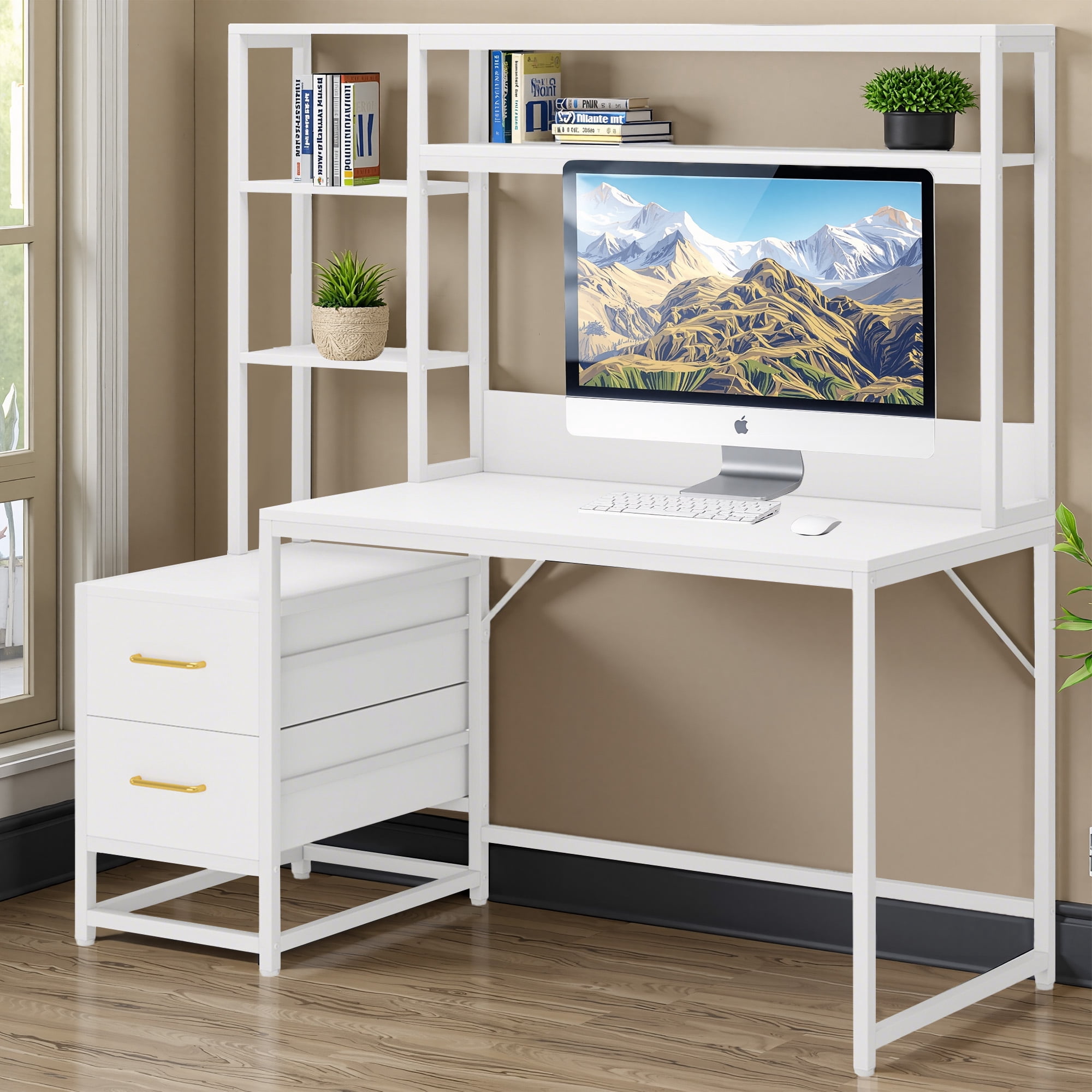 MAYEERTY All-in-One Computer Desk, Multifunctional Workstation with 2 Drawers, Top Hutch & Storage Shelves, Industrial Style