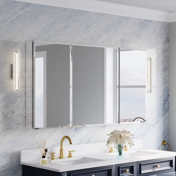 ANGELES HOME 56" x 30" Copper-Free Mirror Medicine Cabinet with Beveled Mirror Door, Recessed or Surface Mount, Adjustable Shelves