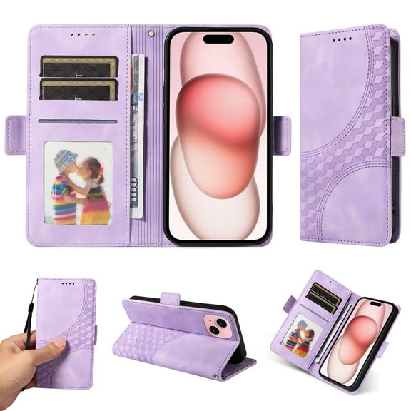 ELEHOLD For iPhone 14 Leather Wallet Phone Case, Embossed Diamond Folio Flip Cover, Card Holder Cash Slot, Stand Support, Wrist Strap Lanyard -Purple