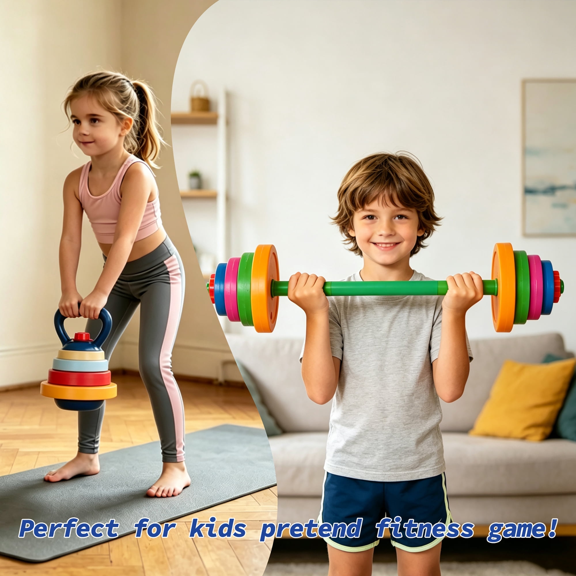 Easy Playhouse: Kids Weight Set - Barbell & Kettlebell - Colorful Toy Workout Fitness Equipment, Water-Sand Fillable Plates, Safe Plastic Gym Playset
