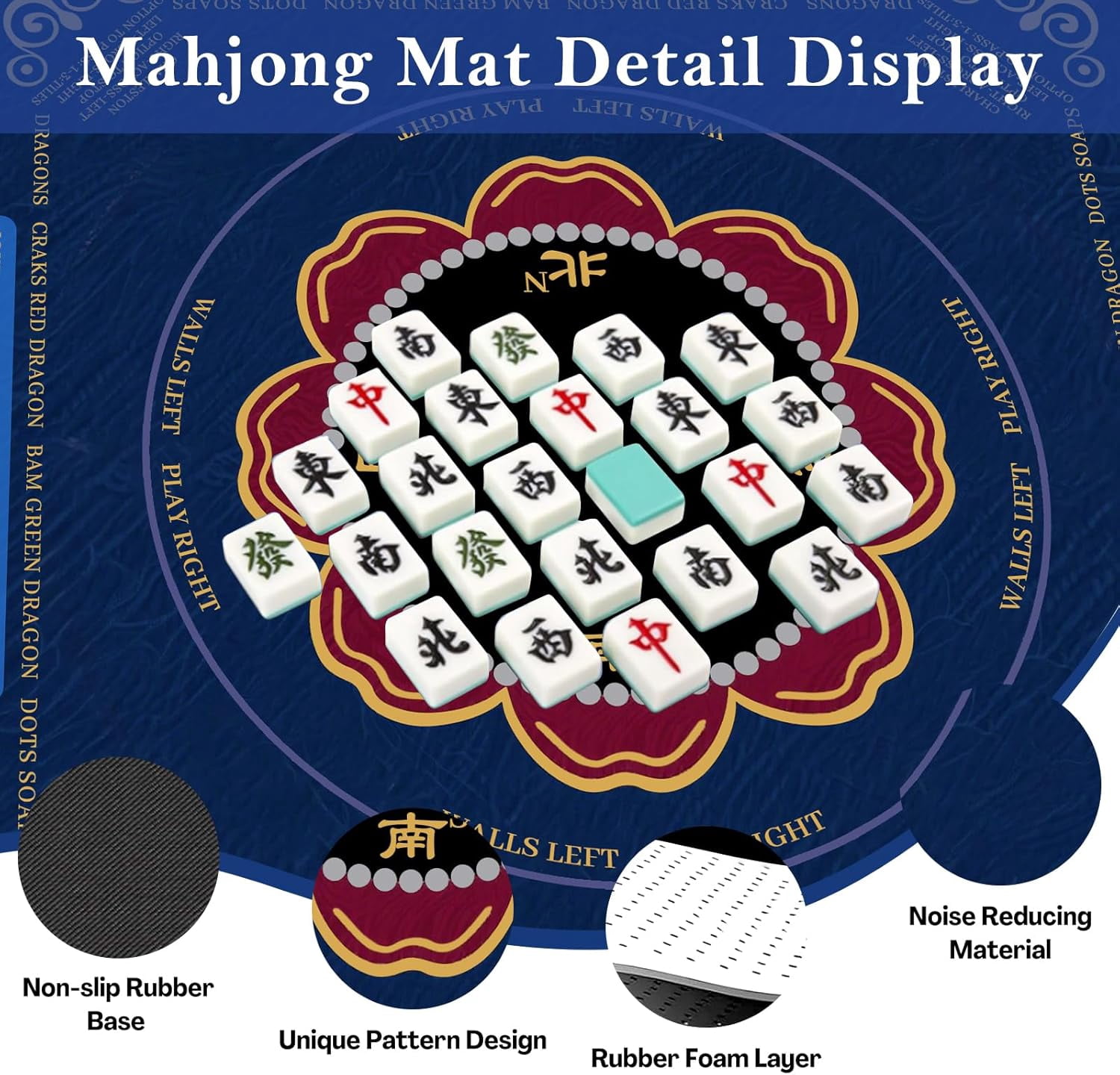 Mahjong Mat for Table, Non-Slip Noise Reduction Mahjong Table Cove 31.5x31.5 Inch Portable Gaming Mat for Poker/Cards/Board Games/Tile Games, Mahjong Tablecloth with Carrying Bag (Dark Blue)