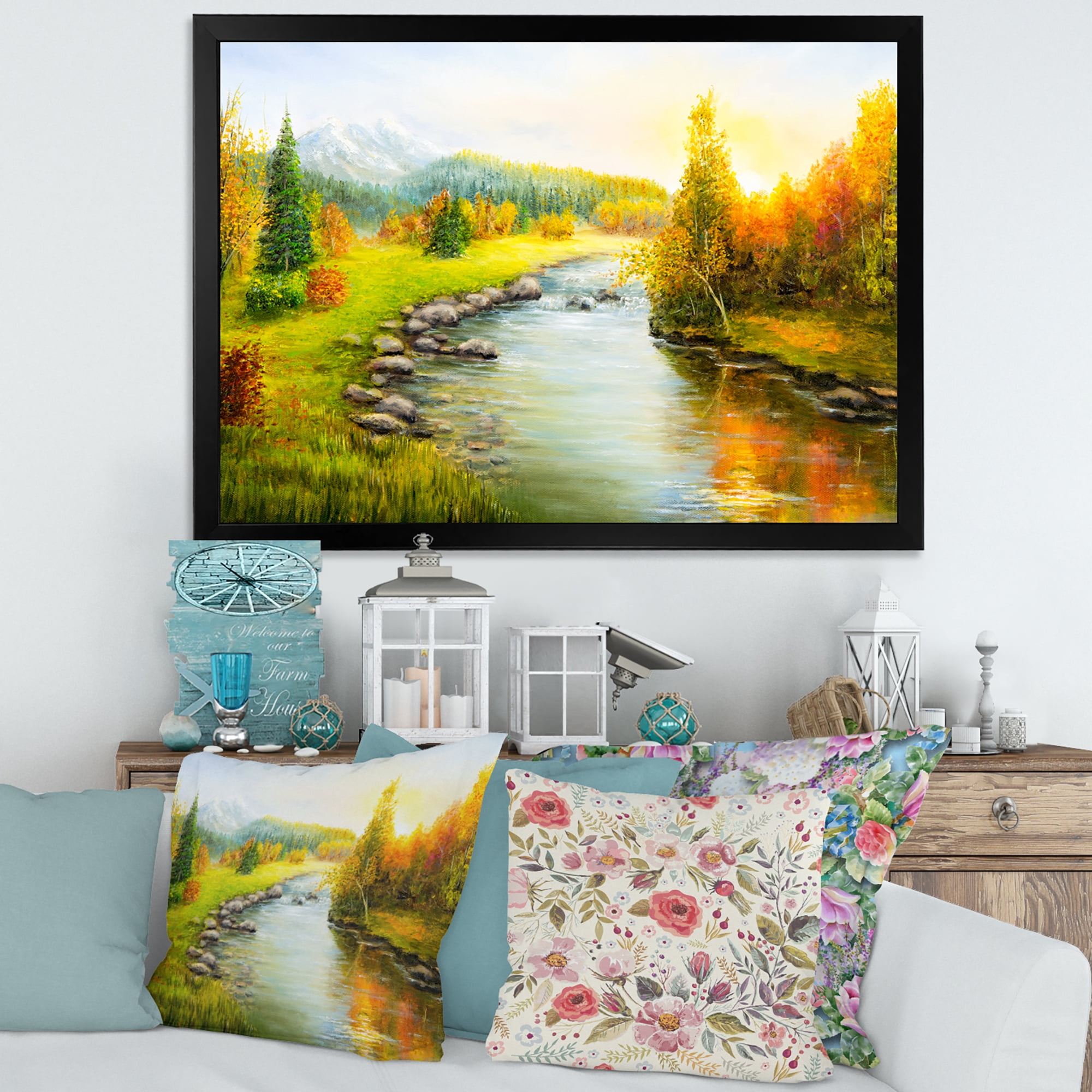 Designart 'Autumn Landscape With Forest River and Mountains' Lake House Framed Art Print