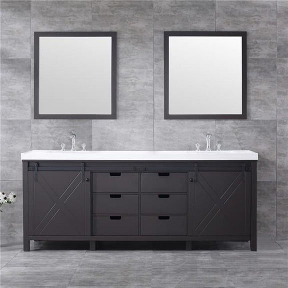 84 in. Marsyas Double Bathroom Vanity, White Quartz Top, White Square Sinks & 34 in. Mirrors with Faucets - Brown