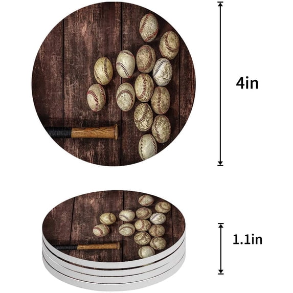 FMSHPON Old Baseball on Rustic Wooden Board Set of 8 Round Coaster for Drinks, Absorbent Ceramic Stone Coasters Cup Mat with Cork Base for Home Kitchen Room Coffee Table Bar Decor