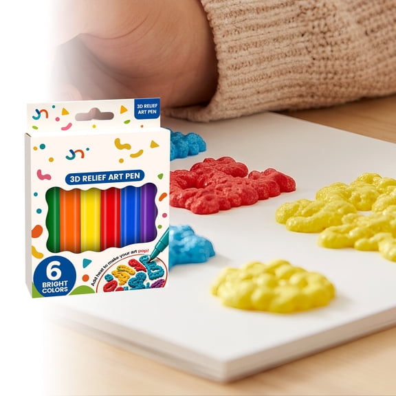 6PC 3D Relief Art Pen, Popcorn Pens Puffy 3D Art Pens Works On Different Surfaces